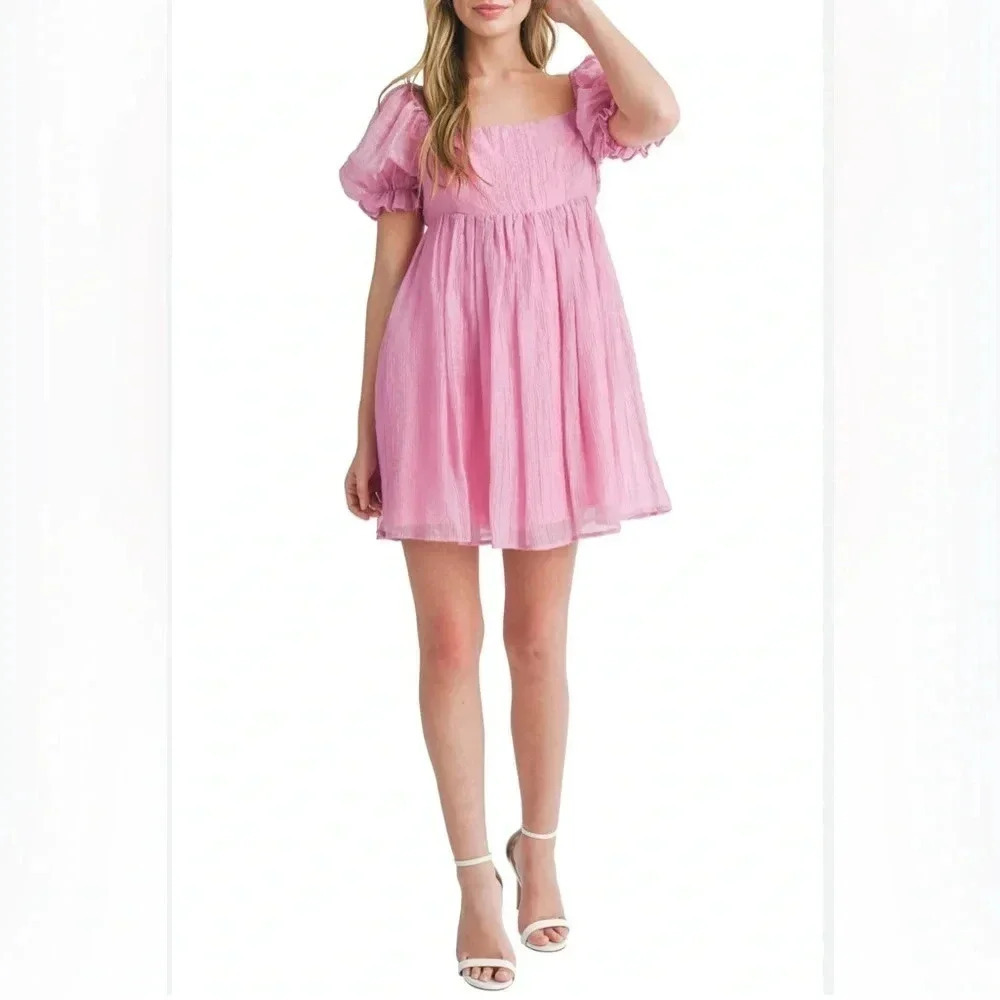 Lush The Pink Dress, Babydoll dress with square neckline + puff sleeves.  Size S